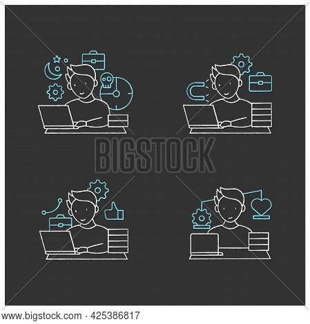 Workaholic Chalk Icons Set. Workaholism Prevention And Consequences. Workaholism Treatment, Ethic An