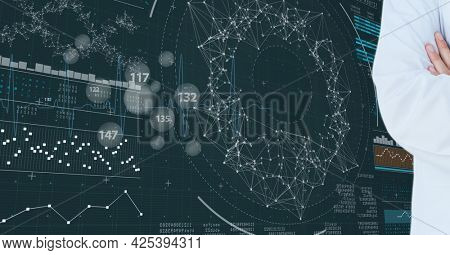 Mid section of male doctor against network of connections and medical data processing. medical research and science technology concept
