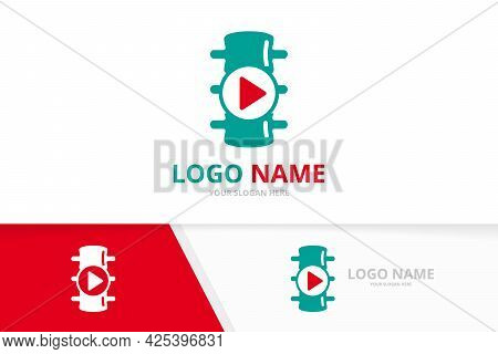 Spine And Button Play Logo Combination. Vertebral Column And Record Logotype Design Template.