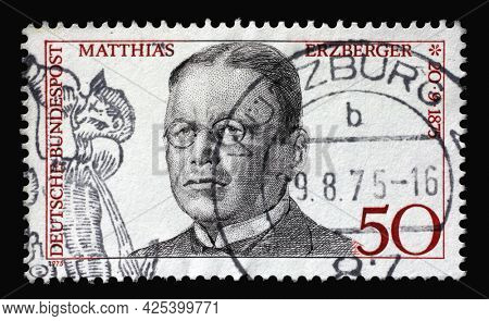 ZAGREB, CROATIA - AUGUST 28, 2014: A stamp printed in Germany shows Matthias Erzberger (1875-1921), politician, Birth Centenary, circa 1975