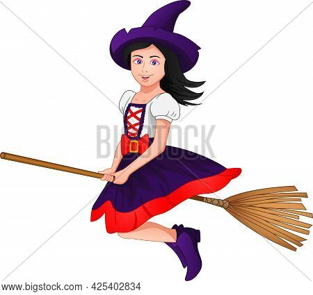 Witch Riding A Broom  On A White Background