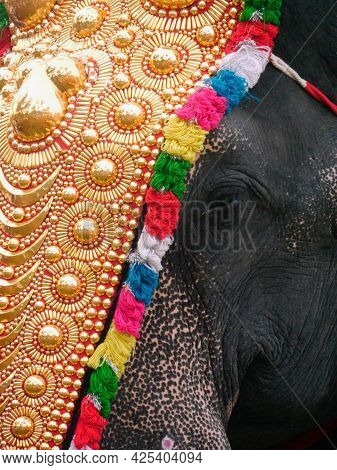 Close Up Of Face Of Elephant Ornately Decorated For Kathakali Temple Festival, Kumarakom, Southern I