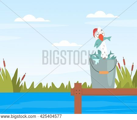 Funny Seagull Character On Berth Sitting In Bucket With Fish Vector Illustration