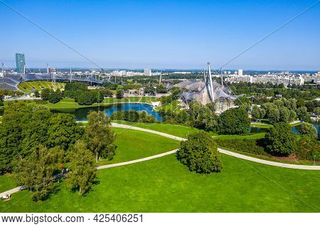 Munich, Germany - Jul 27, 2020: Stadium Of The Olympiapark In Munich, Germany, Is An Olympic Park Wh