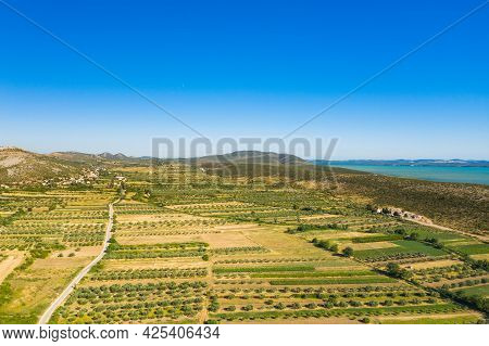 Aerial View Of Countryside Landscape, Vransko Lake And Agriculture Fields, Dalmatia, Croatia