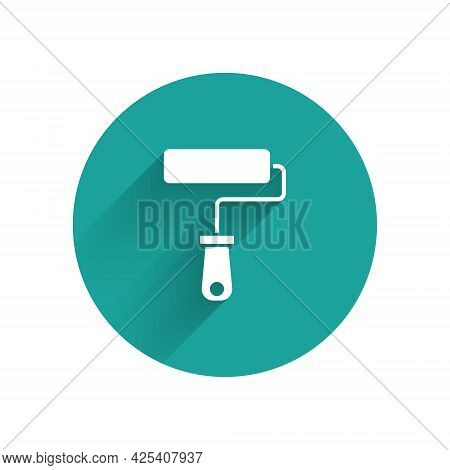 White Paint Roller Brush Icon Isolated With Long Shadow. Green Circle Button. Vector