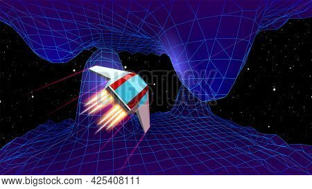 Arcade Space Ship Flying To The Cave Gateway In Blue Corridor 3d Landscape, 80s Style Synthwave Or R
