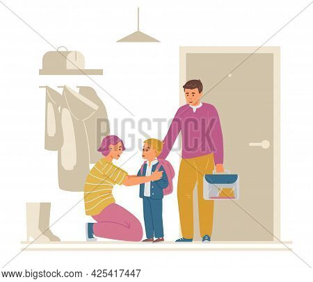 Firstgrader Going To School. Mother Saying Goodbuy In Hallway. Vector Illustration.