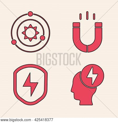 Set Head And Electric Symbol, Solar System, Magnet And Secure Shield With Lightning Icon. Vector