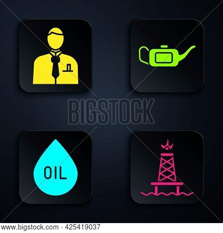 Set Oil Rig With Fire, Businessman Or Stock Market Trader, Oil Drop And Canister For Motor Oil. Blac