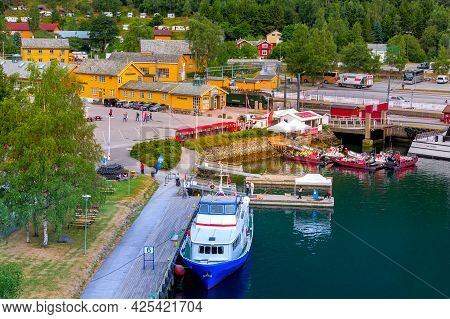 Flam, Norway - July 31, 2018: High Angle Town Summer View, Train Station With Flamsbana Train And Po