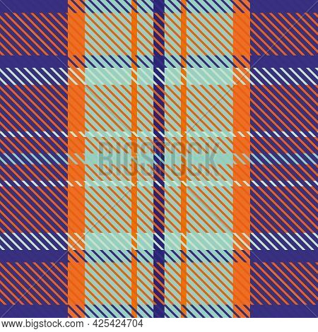 Woven Tartan Seamless Vector Pattern Background. Tropical Orange, Blue, Indigo Plaid Weave Grid Back