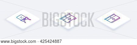 Set Isometric Line Dressing Table, Furniture Nightstand And . White Square Button. Vector