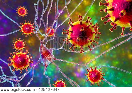 Viruses Infecting Neurons, Concept For Brain Infection, 3d Illustration. Viral Encephalitis. Post-co
