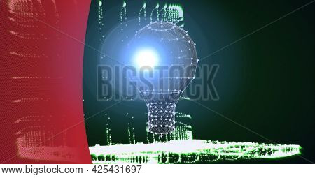 Spot of light over bulb of network of connections against red technology background. global networking and business technology concept