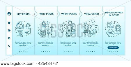 Top Engaging Posts Types Onboarding Vector Template. Responsive Mobile Website With Icons. Web Page 