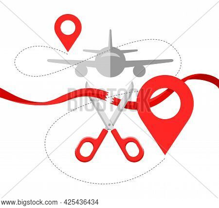 Flight Resumption For Air Travels - Announcement Banner With Airplane And Ribbon Cutting. Vector Ill