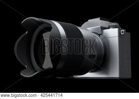 Concept Of Nonexistent Dslr Camera With Macro Lens Isolated On Black Background.