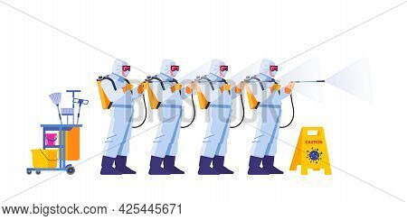 Covid-21 Coronavirus Disinfect. Disinfecting Workers Wear Protective Masks And Spacesuits Against Pa