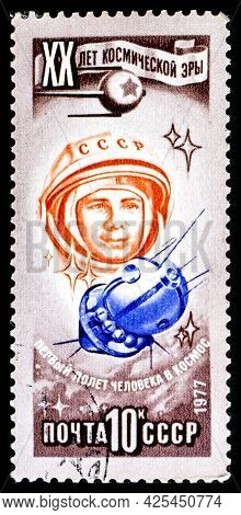 Russia, Ussr - Circa 1977: A Postage Stamp From Ussr Showing Interkosmos 20 Years Of The Space Age