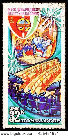 Russia, Ussr - Circa 1980: A Postage Stamp From Ussr Showing Interkosmos International Space Flight
