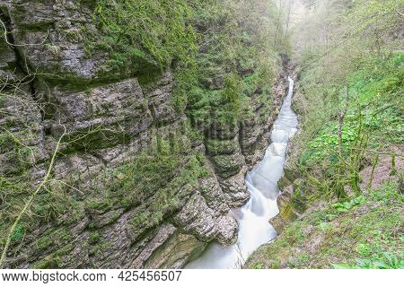 Kurdzhips River In The Deep Narrow Guam Canyon. Western Caucasus. Russia.