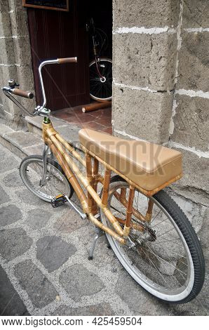 Classic Retro Vintage Antique Bamboo Bicycle Philippine Style Stop Front Of Local House Wait Filipin