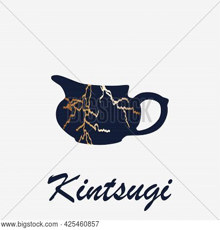 Renovated Kintsugi Japanese Vase Art Color Sketch Engraving Illustration. Kintsugi Inscription