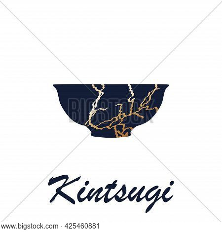 Renovated Kintsugi Japanese Vase Art Color Sketch Engraving Illustration. Kintsugi Inscription