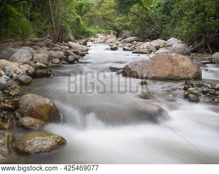 Slow Motion Timelapse Of River And Forest In Podocarpus National Park, Ecuador.
