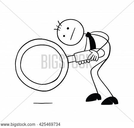 Stickman Businessman Character Looking Down With A Magnifying Glass, Vector Cartoon Illustration. Bl