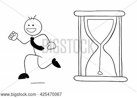 The Hourglass Has Started And Stickman Businessman Character Is Running And Happy, Vector Cartoon Il