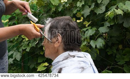 Woman Hands Trim Hair On Temple Of Senior Person With Half Gray Haired Short Haircut. Female Hands H