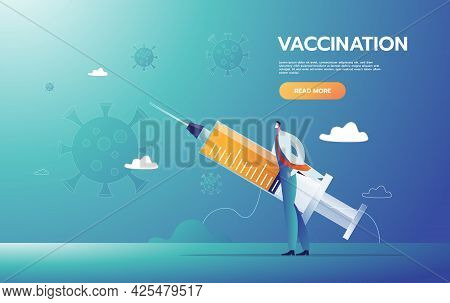 Doctor Is Hero Holding Vaccine To Protect People By Fighting Against Covid-19 Corona Virus. Prevent 