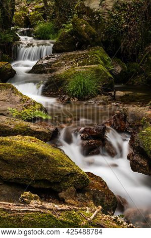 Beautiful Waterfall In Frivela Portugal. Long Exposure Smooth Effect.