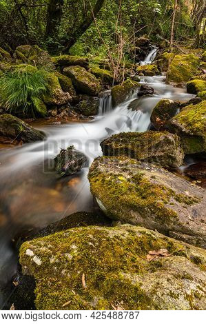 Beautiful Waterfall In Frivela Portugal. Long Exposure Smooth Effect.