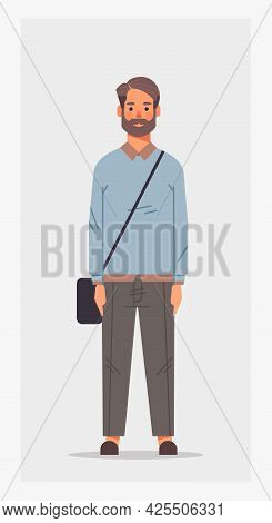 Casual Man With Offfice Bag Male Cartoon Character Standing Pose Full Length Vertical