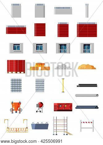 Set Of Construction Materials And Equipment. Bricks, Wooden Planks, Sand, Concrete Mixer, Mobile Pow