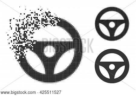 Shredded Pixelated Car Steering Wheel Pictogram With Halftone Version. Vector Wind Effect For Car St