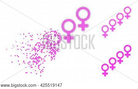 Shredded Pixelated Female Cohort Symbol Icon With Halftone Version. Vector Wind Effect For Female Co