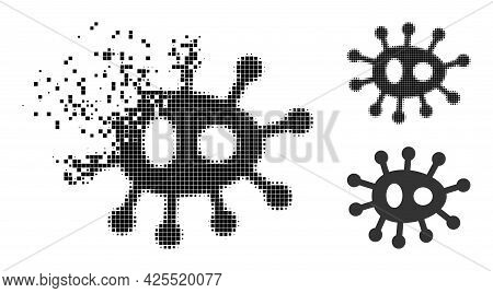 Damaged Dotted Bacilla Pictogram With Halftone Version. Vector Wind Effect For Bacilla Pictogram. Pi