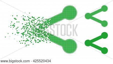 Dissolving Dot Share Icon With Halftone Version. Vector Destruction Effect For Share Icon. Pixel Dem