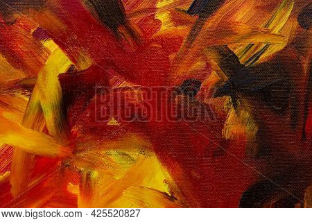 Red Orange Yellow Black Painting. Abstract Multi-colored Art Background With Oil Paints. Modern Hand