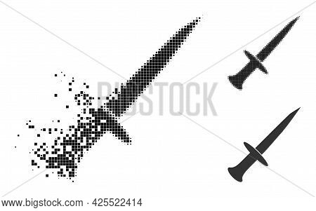 Damaged Pixelated Sword Icon With Halftone Version. Vector Destruction Effect For Sword Symbol. Pixe