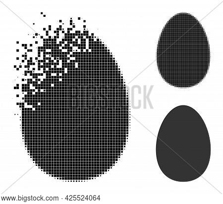 Fractured Pixelated Egg Icon With Halftone Version. Vector Wind Effect For Egg Icon. Pixelated Disap