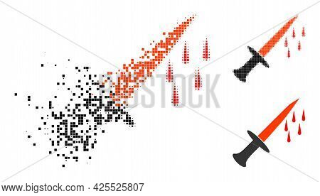 Disappearing Dotted Blood Sword Glyph With Halftone Version. Vector Wind Effect For Blood Sword Icon