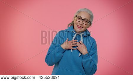Happy Joyful Senior Old Gray-haired Granny Woman Laughing Out Loud After Hearing Ridiculous Anecdote