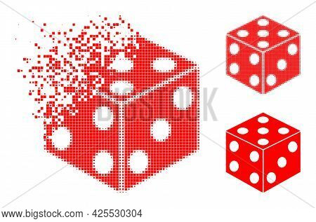 Erosion Pixelated Dice Cube Icon With Halftone Version. Vector Wind Effect For Dice Cube Icon. Pixel