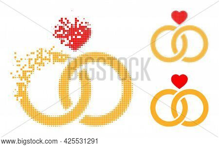 Dissipated Pixelated Wedding Rings Icon With Halftone Version. Vector Wind Effect For Wedding Rings 