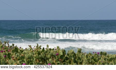 Blue Turquoise Water Surf, Big Tide Waves On Sunny Beach, Encinitas California Usa. Pacific Ocean Co
